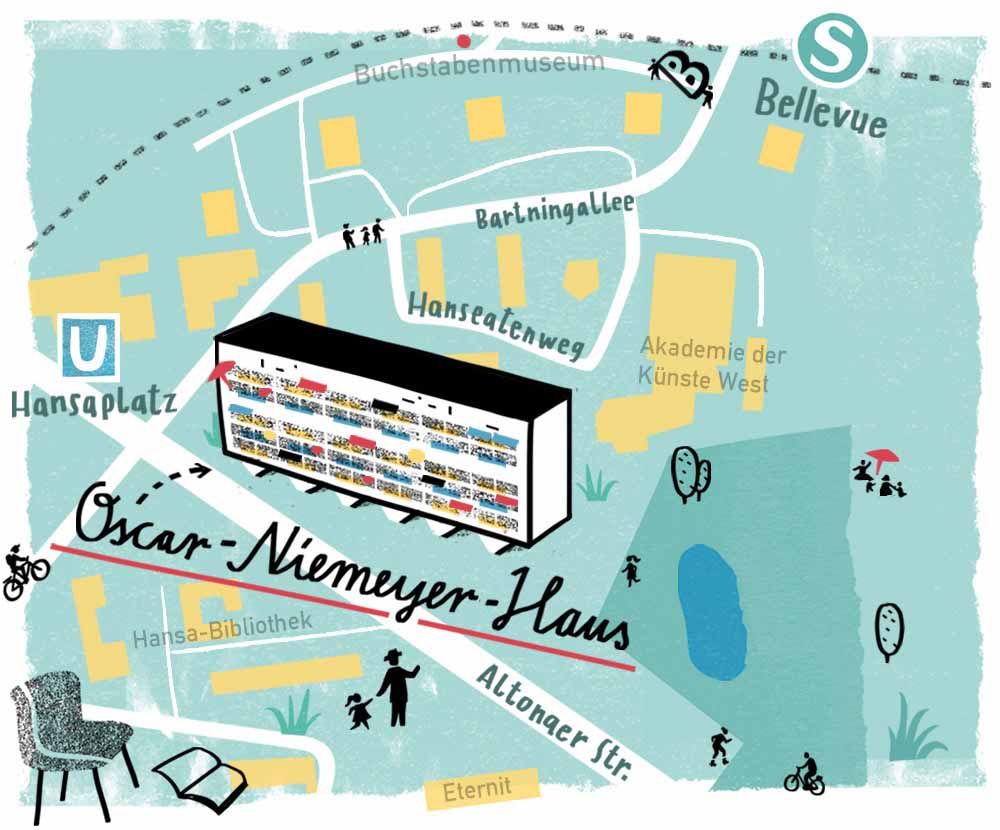Illustrierter Stadtplan Hansaviertel Berlin mit Oscar-Niemeyer-Haus. Illustrierter Stadtplan Hansaviertel Berlin mit Oscar-Niemeyer-Haus.