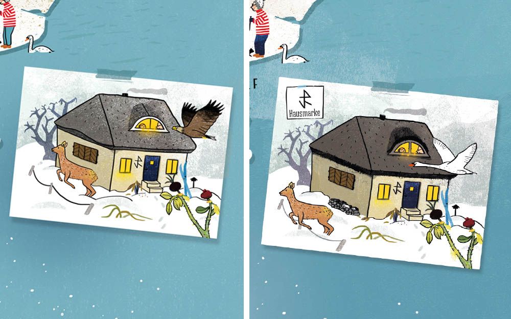 Ein typisches Inselhaus mit Hiddenseer Hausmarke mit Tieren im Winter.