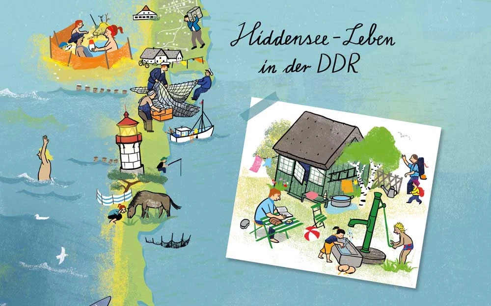 Szenen zum Hiddensee Leben in der DDR. Illustrationen von Ulrike Jensen.