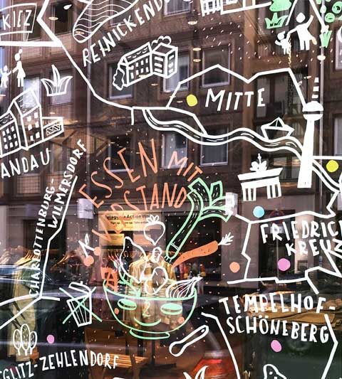 Schaufenster bemalen, Zeichnen Stadtplan und Landkarten Illustration an Schaufenster, Window Illustrator Berlin, Fenster anmalen, Den
