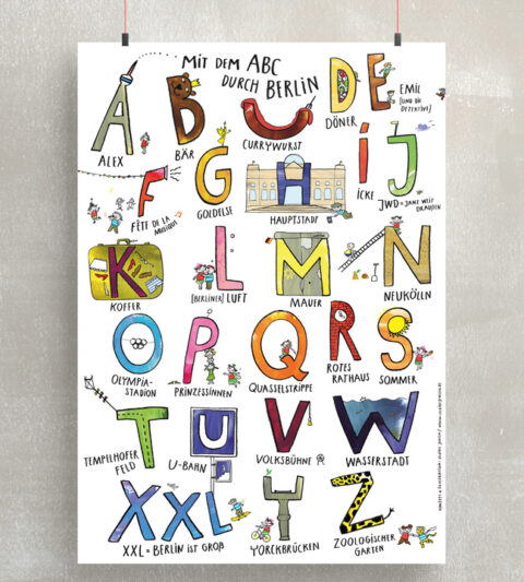 Das Berlin ABC Poster ist ein Buchstaben Lernposter für Kinder, sie lernen alle 26 Buchstaben und gleichzeitig ganz viel über die Hauptstadt Berlin. Es eignet sich als Geschenk für den Schulanfang und als Kinderzimmer Deko. Im Shop der Illustratorin kann das Alphabet Poster bestellt werden.