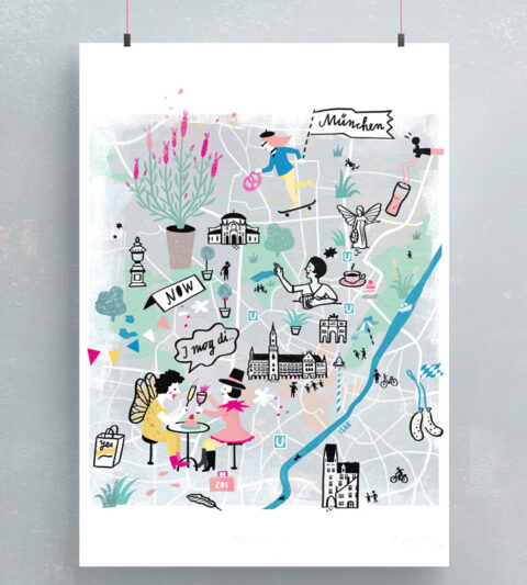 Map Illustration Munich, illustrierter Stadtplan München mit Highlights und typisch bayrischen Genussmitteln