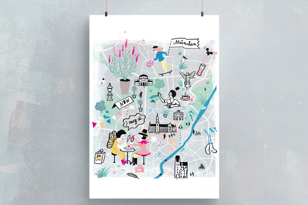 Map Illustration Munich, illustrierter Stadtplan München mit Highlights und typisch bayrischen Genussmitteln