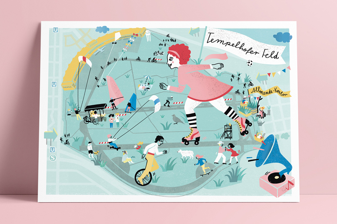 Rollschuh fahren auf dem Tempelhofer Feld Berlin, im Shop der Illustratorin Ulrike Jensen bestellbar, Illustration Stadtkarte, Postkarte Tempelhofer Feld Illustration