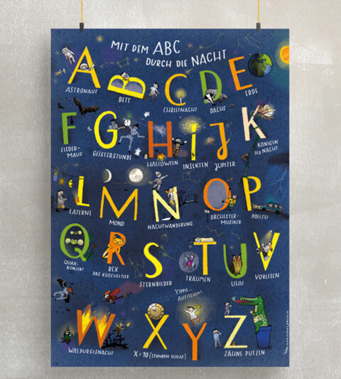 Das ABC Poster für Kinder zeigt 26 illustrierte Buchstaben rund um Nacht und Dunkelheit. Es unterstützt Kinder beim Lernen der Buchstaben: A wie Astronaut, B wie Bett bis Z wie Zähne putzen.