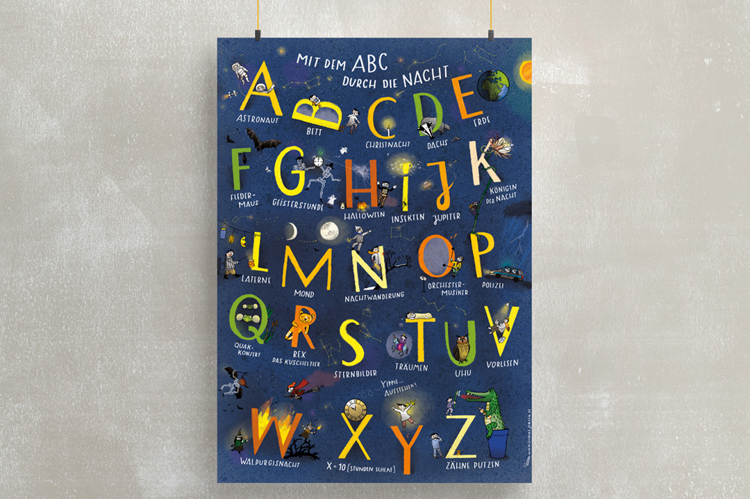 Das ABC Poster für Kinder zeigt 26 illustrierte Buchstaben rund um Nacht und Dunkelheit. Es unterstützt Kinder beim Lernen der Buchstaben: A wie Astronaut, B wie Bett bis Z wie Zähne putzen.